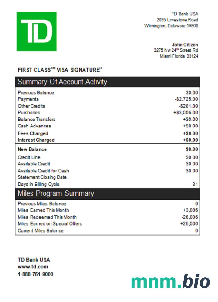 USA TD Bank szablon w formacie excel pdf